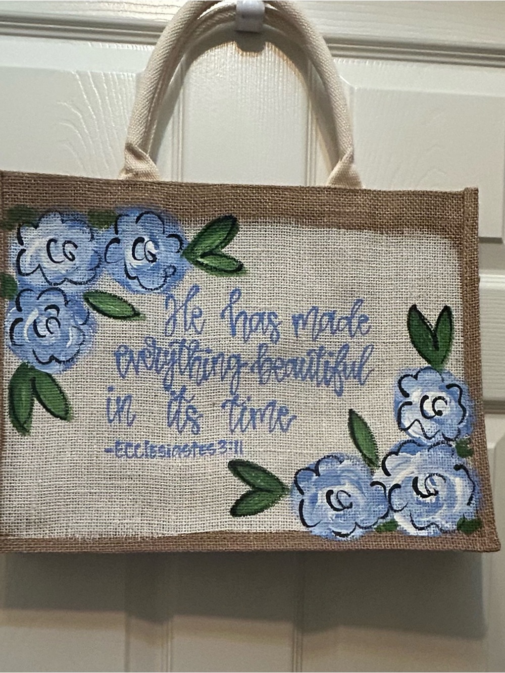 Hand-Painted Floral Burlap Tote with Ecclesiastes 3:11